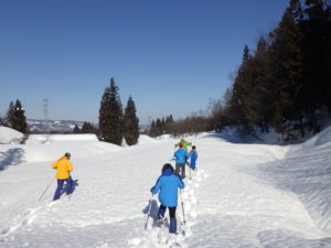 スノーシューを履いて雪原を歩いている写真